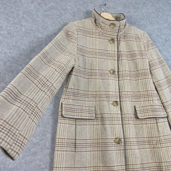 DKNY Women's Plaid Wool-Blend Pea Coat Academia Collar Outwear Jacket Tan M 1198 - Picture 7 of 14